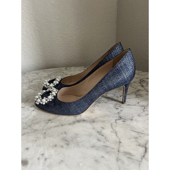 Deimille Jeweled Pearl Embellished Heels Size 38 US 8 Metallic Denim Blue - Picture 4 of 7